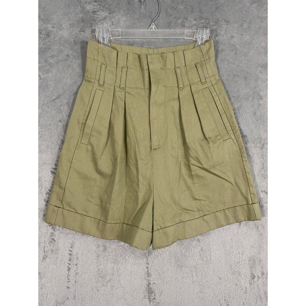 Zara Shorts Sz S Olive‎ Khaki High Waisted Paperbag Pleated Cuffed Casual Chic